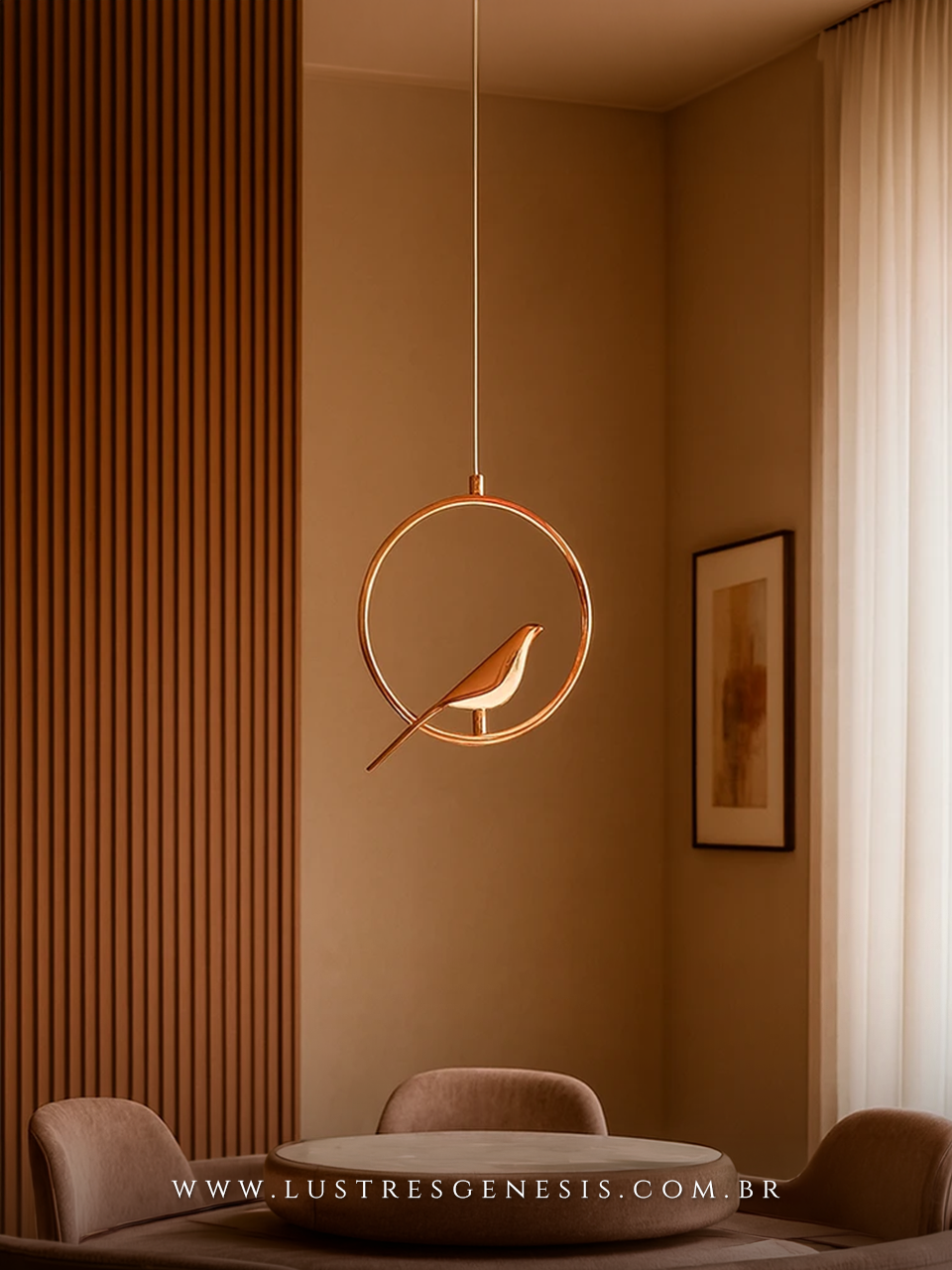 Pendente Decorativo Bird Dourado com Aro Circular e P&aacute;ssaro Lustre Moderno para Sala de Jantar Quarto Living Hall de Entrada e Escadas